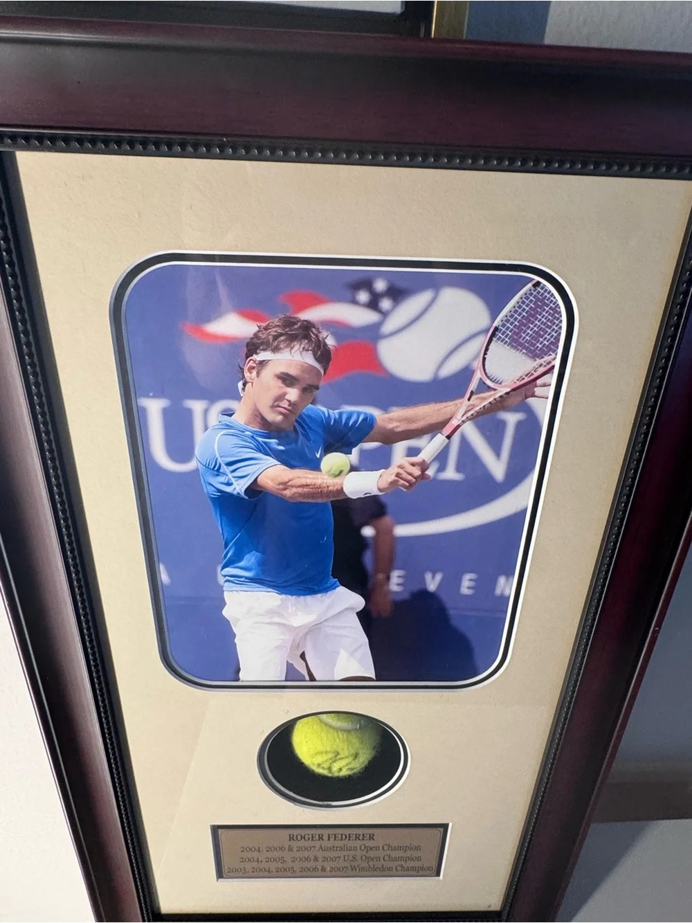 Roger Federer Signed Tennis Ball Framed US Open Photo Ace COA 14x25